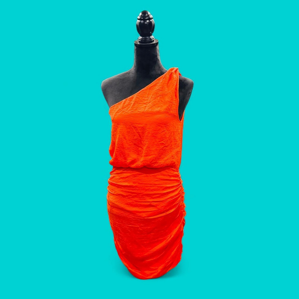 Orange Sexy Sheath One Shoulder Party Cocktail Club Greek Goddess Dress Med NEW